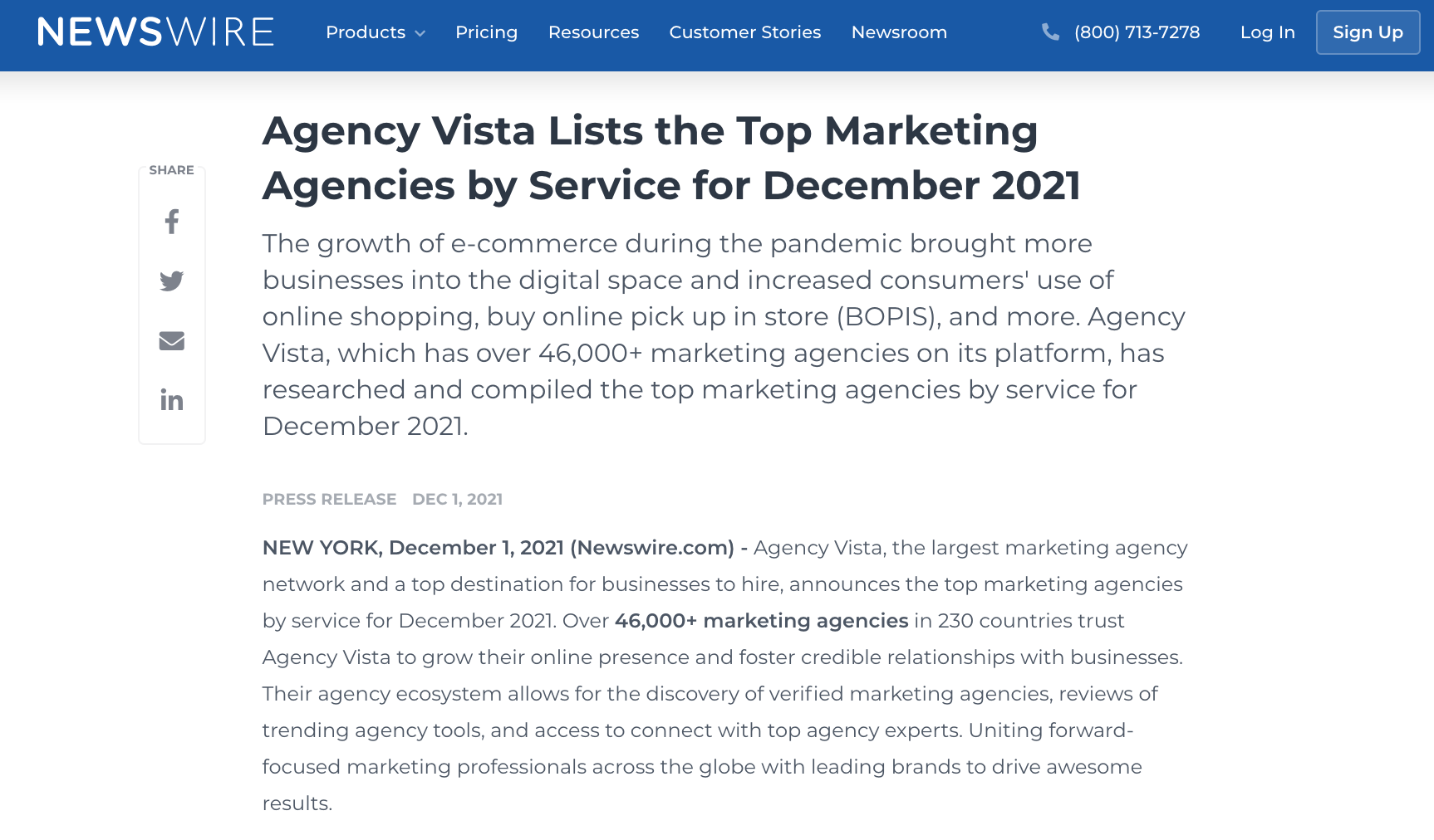 Newswire | Agency Vista | Top Marketing Agencies by Service for December 2021
